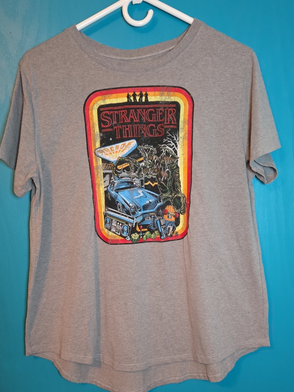 Netflix Stranger Things Retro Graphic Tee - Gray with Red & Yellow Accents